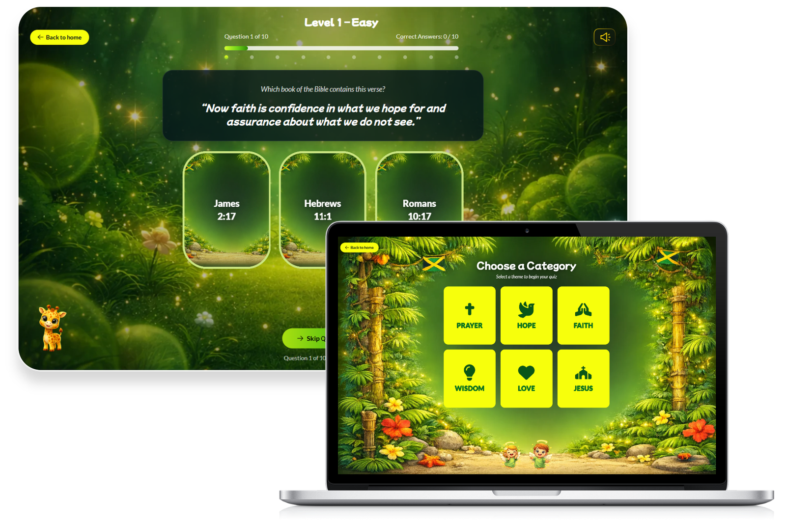 Christian Memory Game quiz and category screens on tablet and laptop