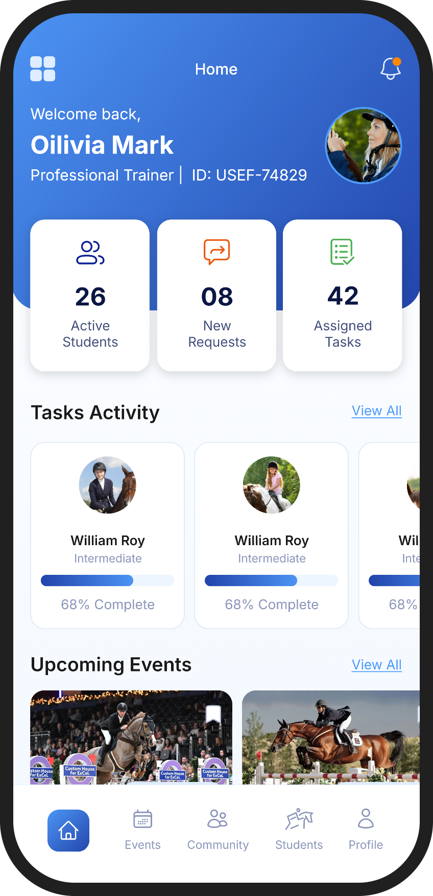 EQ NAV trainer home dashboard